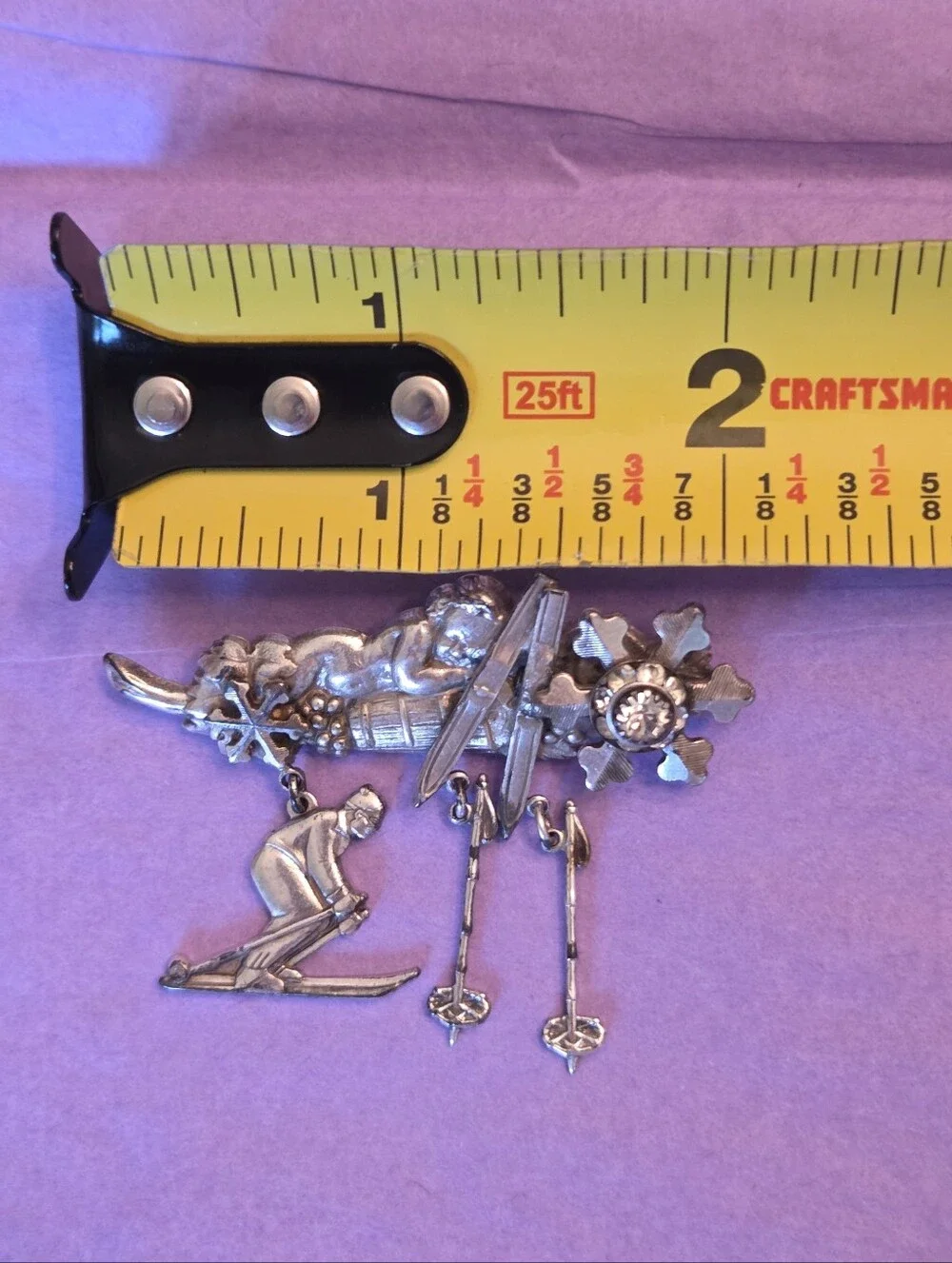 Vintage Kirks Folly Winter Skiing Cherub Silvertone Dangle Charm Brooch 1990s